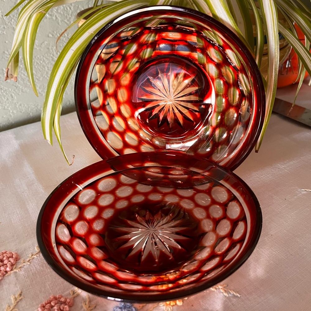 Pair Ruby Lead Crystal Coin Optic Starburst Glass Bowls